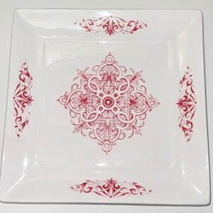 Vintage Ceramic Plate 9" Square White W/Red Paisley Motif Artist Signed "D.O."